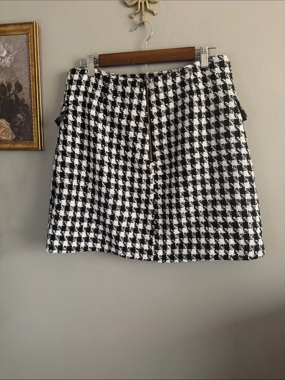 Mi Ami Tweed Houndstooth Mini Skirt Gold Button Black White Size Large